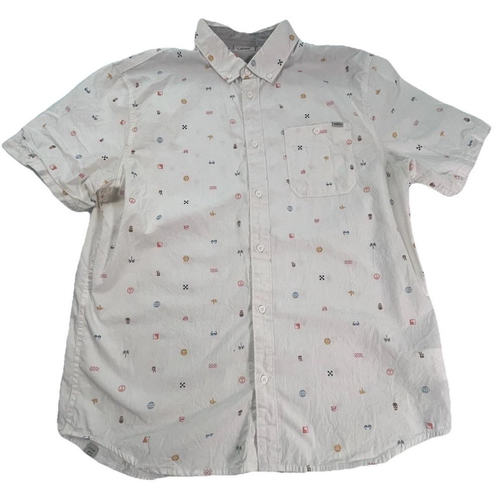 Vans Short Sleeve Button Up Shirt Mens‎ Size Large L White Palm Tree Skull